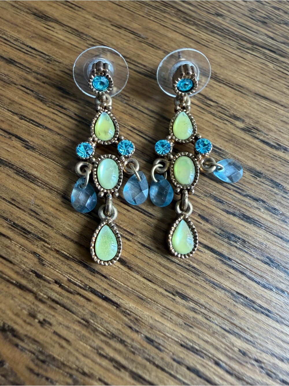 1928 Gold-Tone Lime and Teal Dangle Earrings